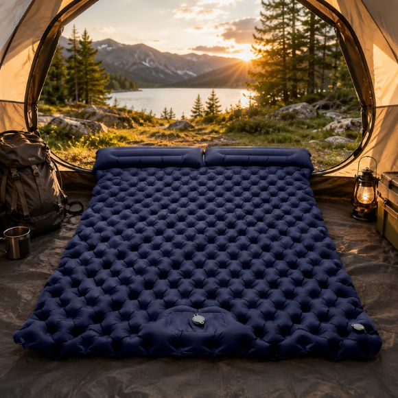 Matelas Gonflable 2 Personnes installé dans une grande tente de camping avec vue sur un lac et des montagnes au coucher du soleil, offrant confort, espace et détente en pleine nature.