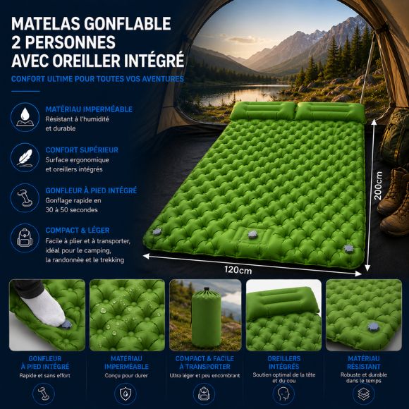 Matelas gonflable 2 personnes avec oreillers intégrés présenté dans un décor de camping en montagne, mettant en avant son confort, sa légèreté et son gonfleur à pied intégré pour les aventures en plein air.