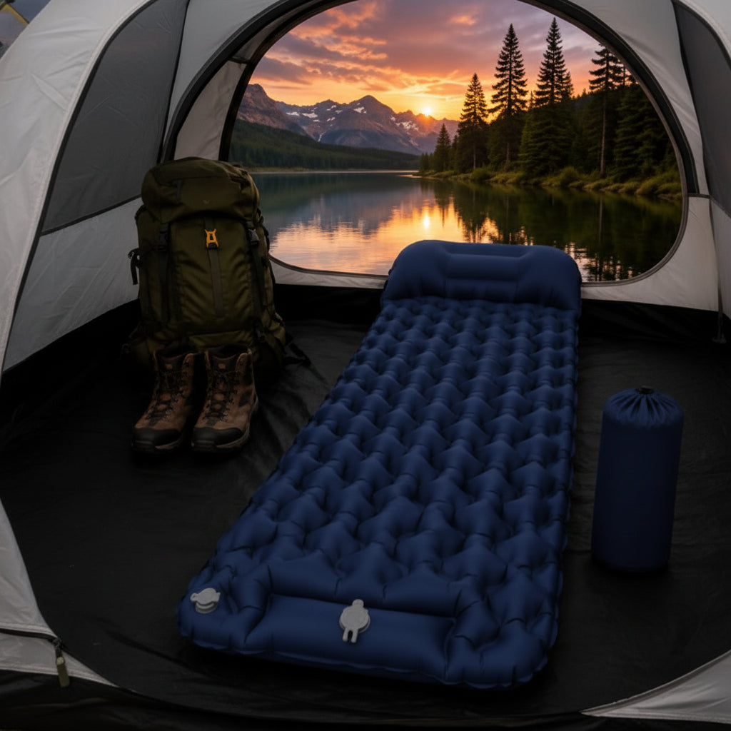Matelas gonflable TrekRest camping 2 personnes gonfleur à pied intégré.
