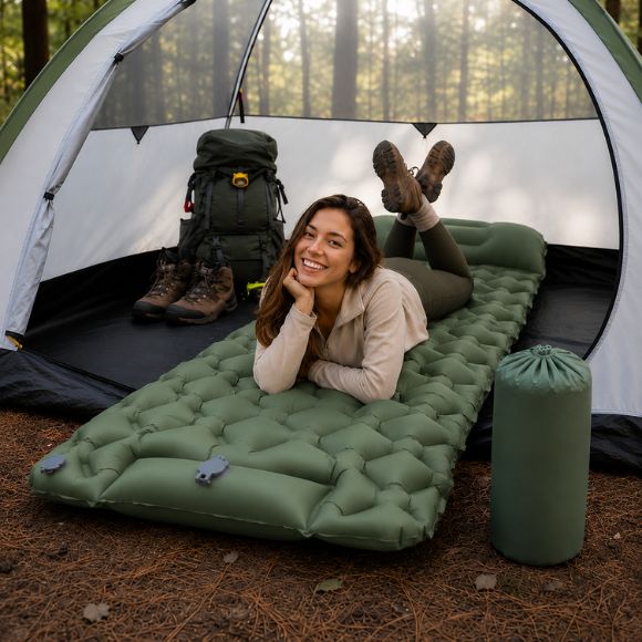 Matelas gonflable de camping TrekRest vert avec oreiller intégré.