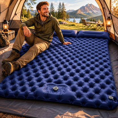 Matelas gonflable 2 personnes TrekRest Duo bleu installé dans une tente.