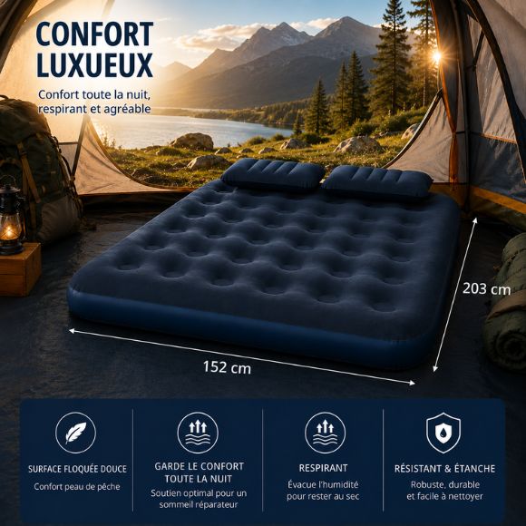 Matelas gonflable 2 places de camping avec dimensions 203 x 152 cm, installé en extérieur dans un environnement nature, confortable, résistant et adapté aux nuits sous tente.
