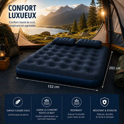 Matelas gonflable 2 places de camping avec dimensions 203 x 152 cm, installé en extérieur dans un environnement nature, confortable, résistant et adapté aux nuits sous tente.