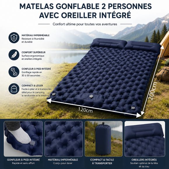 Matelas gonflable 2 personnes avec oreillers intégrés présenté dans un décor de camping en montagne, mettant en avant son confort, sa légèreté et son gonfleur à pied intégré pour les aventures en plein air.
