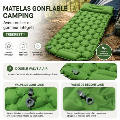 Matelas gonflable de camping TrekRest avec oreiller intégré, gonfleur intégré et double valve d’air pour un confort optimal en randonnée, bivouac et camping.