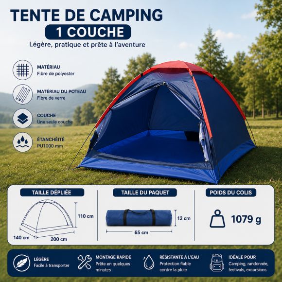 Tente de camping 1 couche légère et étanche avec randonneur en pleine nature, montage rapide, idéale pour le bivouac, la randonnée et les escapades en camping.