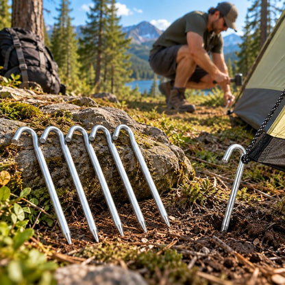 Piquet de tente AluStrike argentés installés près campement en forêt