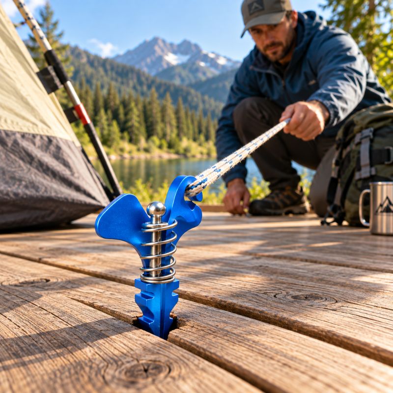 Piquet de tente DeckLock bleu maintenant hauban sur plateforme camping