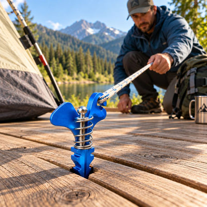 Piquet de tente DeckLock bleu maintenant hauban sur plateforme camping