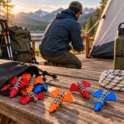 Piquet de tente DeckLock coloré avec équipement sur table camping