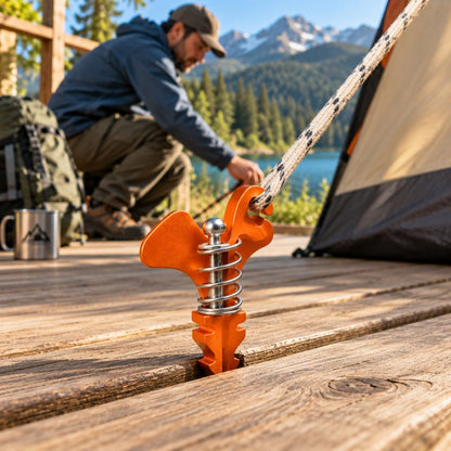 Piquet de tente DeckLock orange sécurisant hauban sur terrasse bois