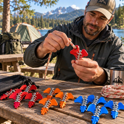 Piquet de tente DeckLock rouge manipulé par campeur en bivouac