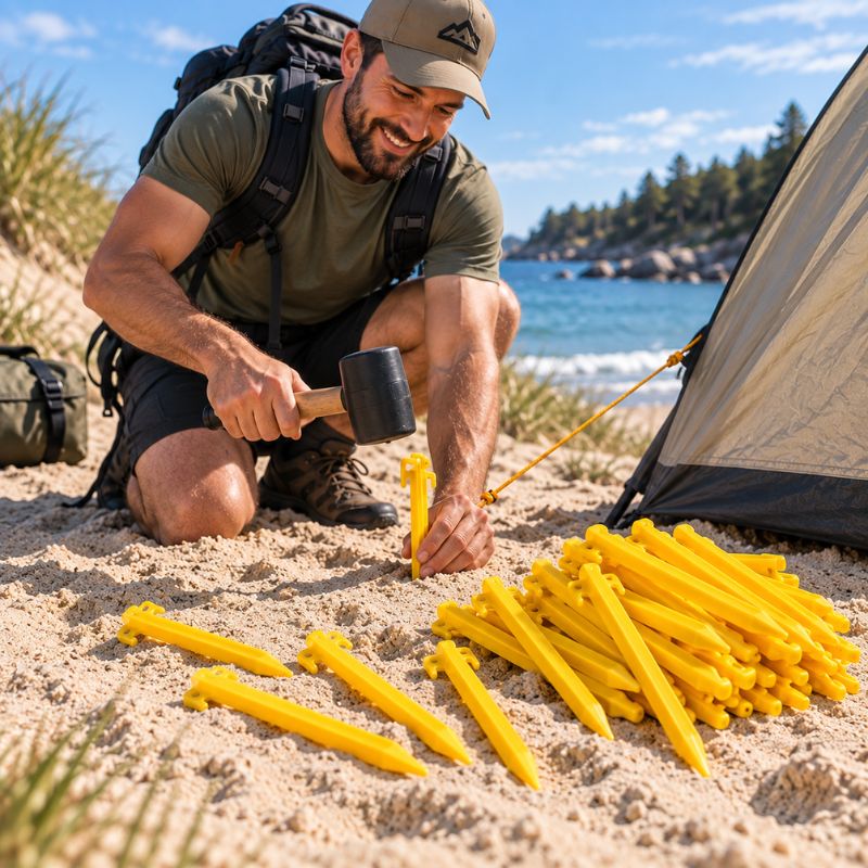 Piquet de tente DuneGrip nombreux piquets jaunes regroupés sur sable