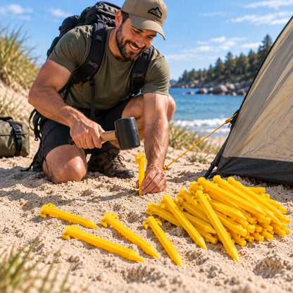 Piquet de tente DuneGrip nombreux piquets jaunes regroupés sur sable