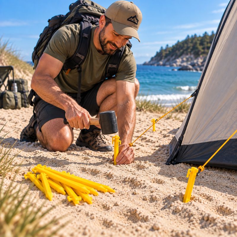 Piquet de tente DuneGrip jaune installé par campeur sur sable