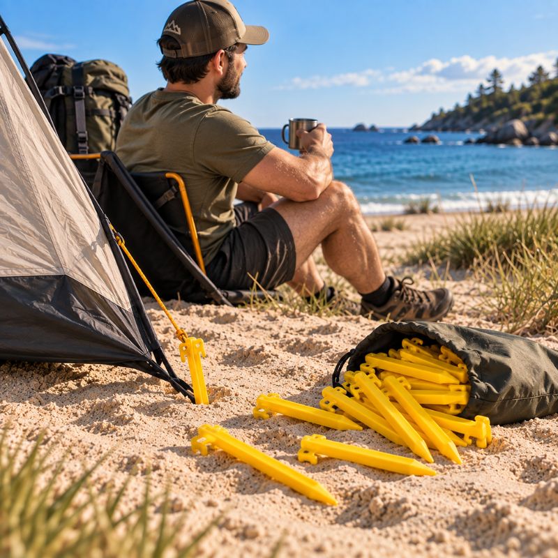 Piquet de tente DuneGrip jaunes rangés avec équipement de camping