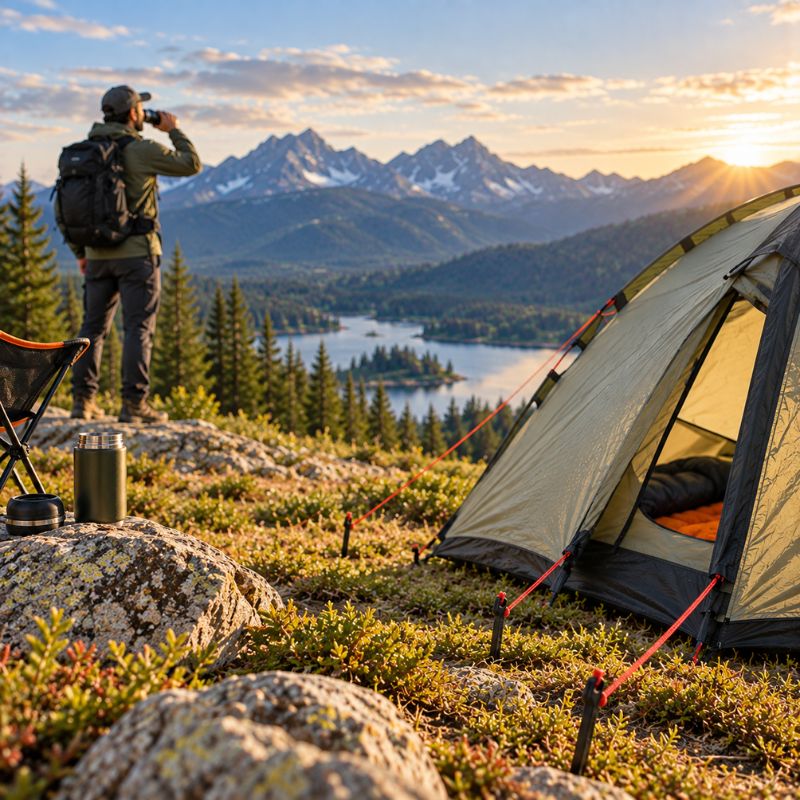 Piquet de tente PlumeTrek sécurisant le campement face aux montagnes