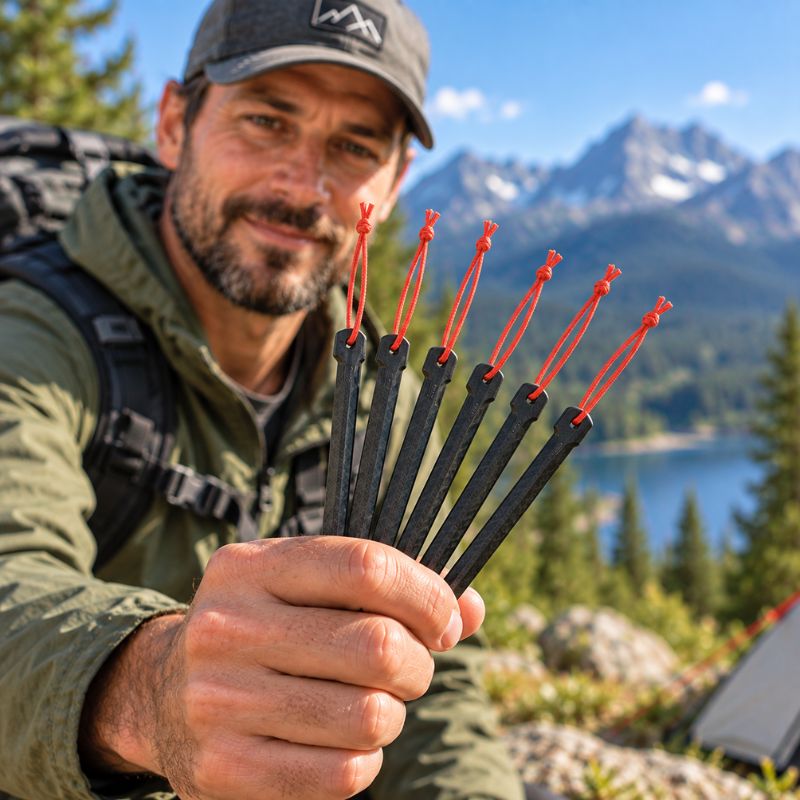 Piquet de tente PlumeTrek six modèles ultralégers tenus en main
