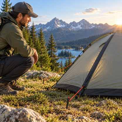 Piquet de tente PlumeTrek maintenant une tente au campement montagne
