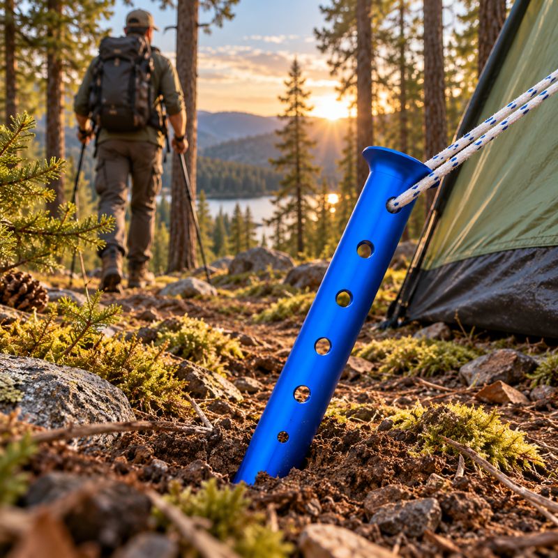 Piquet de tente SandForce bleu installé près tente en forêt