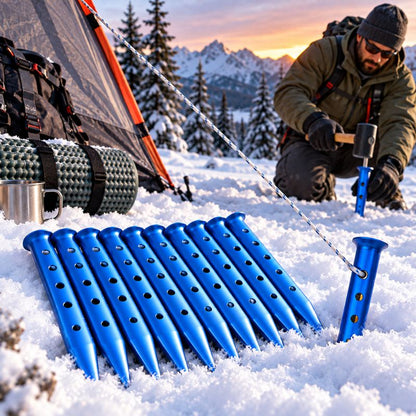 Piquet de tente SandForce bleus utilisés pour campement hivernal enneigé