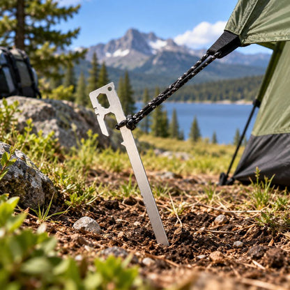 Piquet de tente SteelGrip argenté fixant hauban au campement montagne