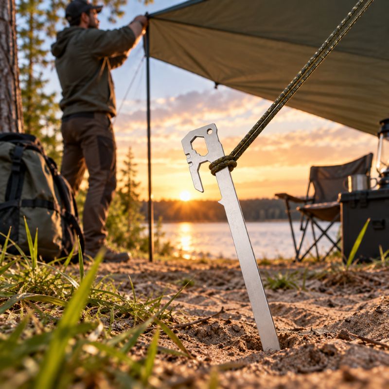 Piquet de tente SteelGrip argenté maintenant hauban près du lac