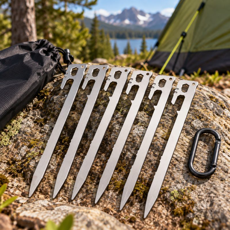 Piquet de tente SteelGrip argenté installé par campeur en forêt