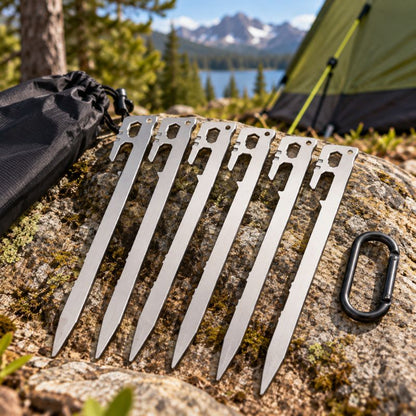 Piquet de tente SteelGrip argenté installé par campeur en forêt