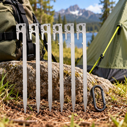 Piquet de tente SteelGrip six modèles argentés présentés au camping