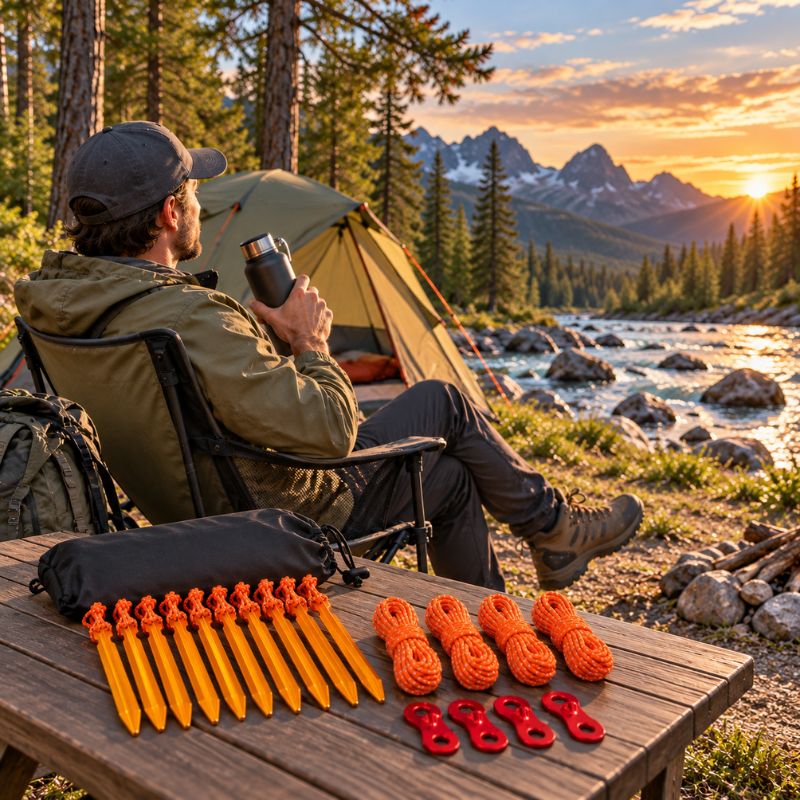 Piquet de tente TerraGrip orange maintenant une tente en montagne