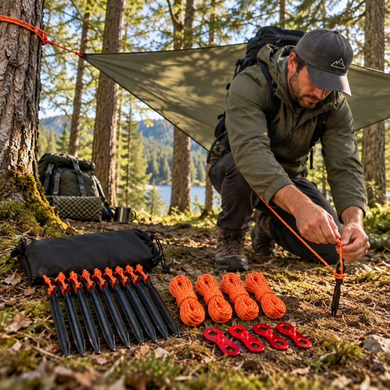 Piquet de tente TerraGrip noir maintenant une bâche en forêt