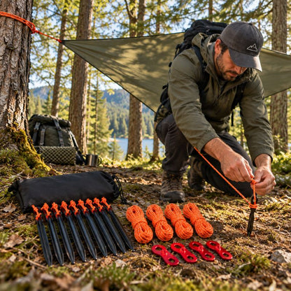 Piquet de tente TerraGrip noir maintenant une bâche en forêt