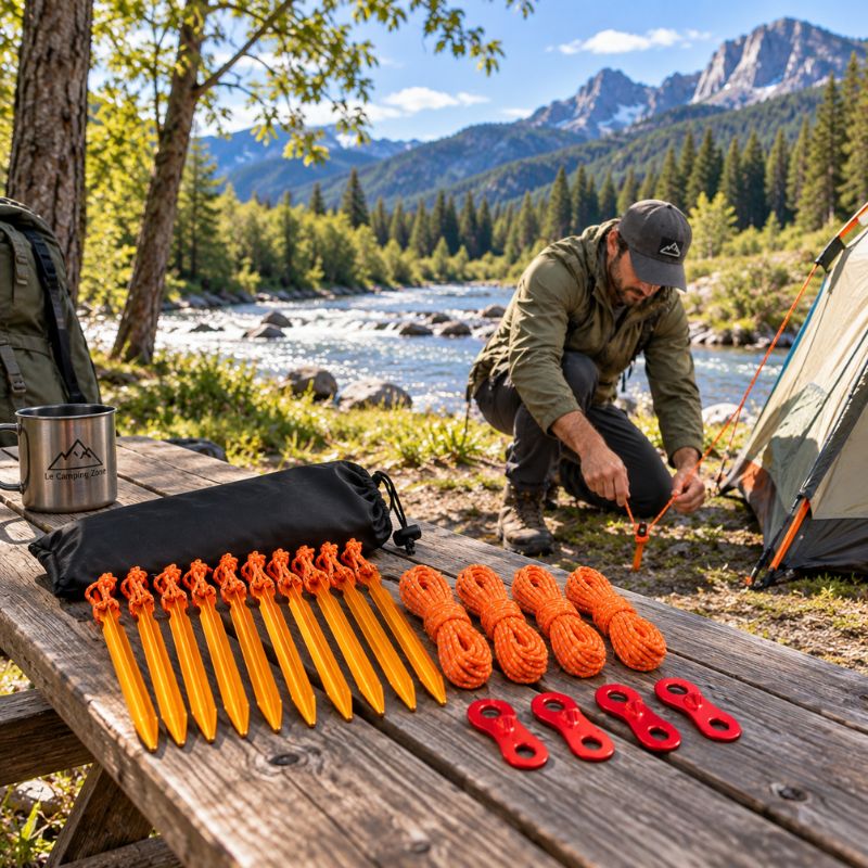 Piquet de tente TerraGrip orange présenté près du campement rivière