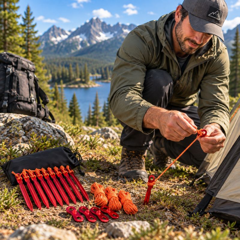 Piquet de tente TerraGrip rouge installé près du campement montagne