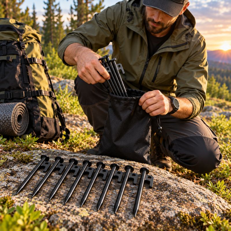 Piquet de tente TerraHook noirs rangés par campeur avant randonnée