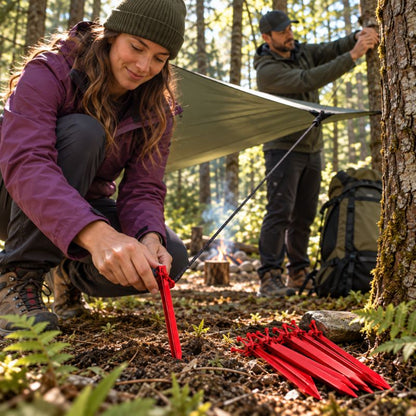 Piquet de tente TerraLite rouge fixant bâche avec campeurs forêt