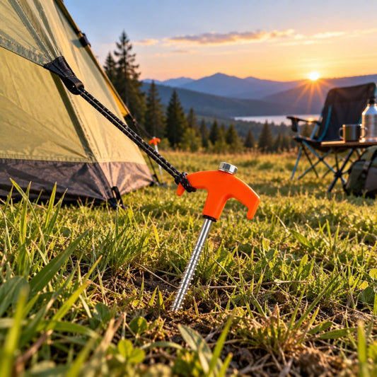 Piquet de tente TerraScrew orange sécurisant tarp au coucher soleil