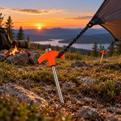 Piquet de tente TerraScrew orange fixant tarp au campement forestier