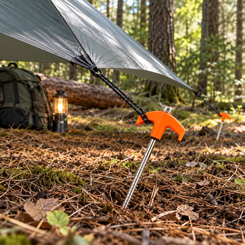 Piquet de tente TerraScrew orange fixant tarp au campement forestier