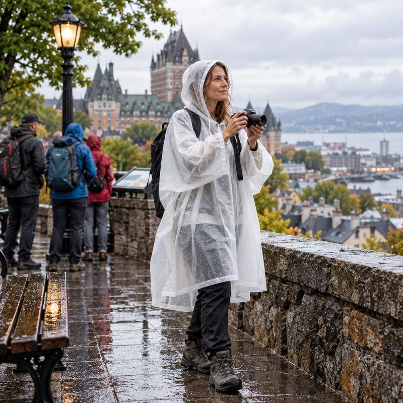 Poncho pluie AquaTrail blanc femme photographiant paysage pendant son voyage