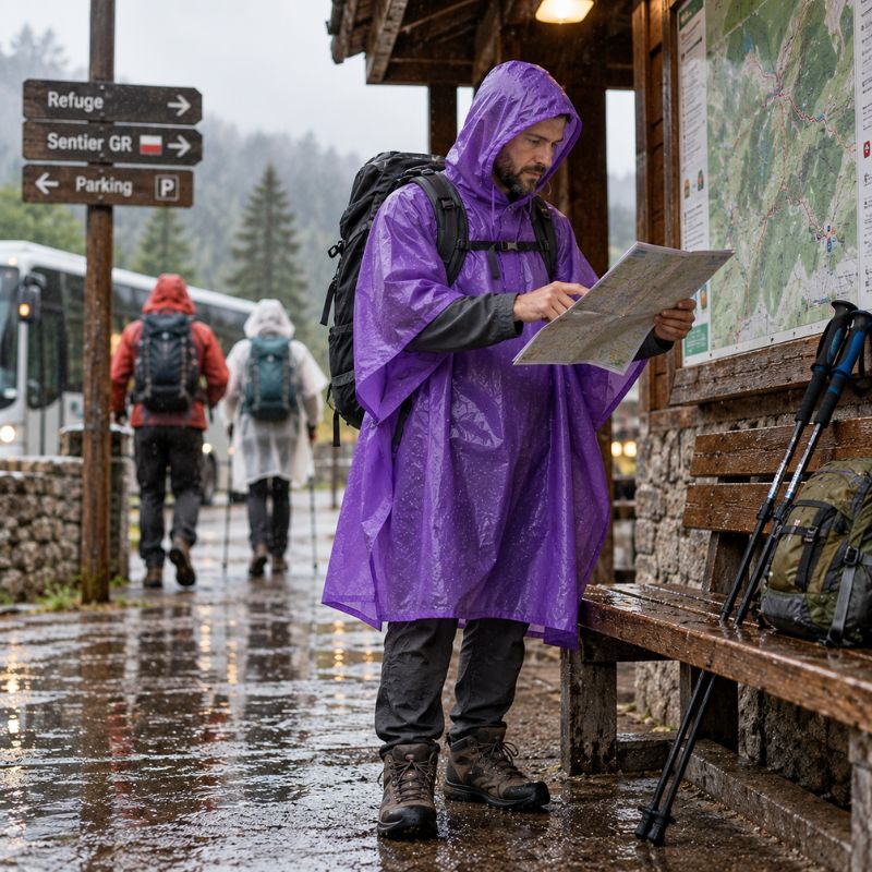 Poncho pluie AquaTrail violet homme consultant carte avant sa randonnée
