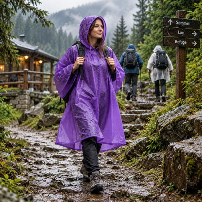 Poncho pluie AquaTrail violet femme marchant vers refuge sous pluie