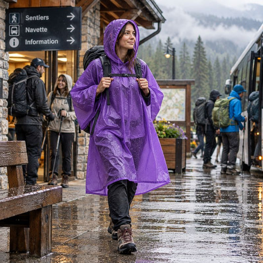 Poncho pluie AquaTrail violet femme profitant sortie nature sous pluie