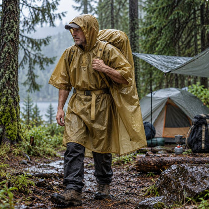 Poncho pluie FeatherTrek kaki homme marchant sous pluie en forêt
