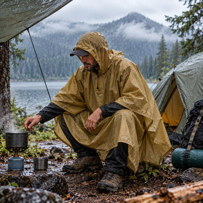 Poncho pluie FeatherTrek kaki homme préparant repas chaud au campement
