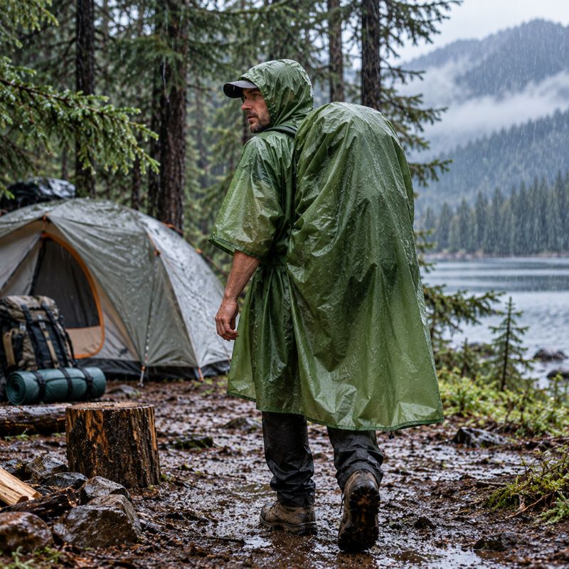 Poncho pluie FeatherTrek vert homme marchant près du campement humide