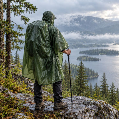 Poncho pluie FeatherTrek vert homme contemplant paysage montagneux après pluie