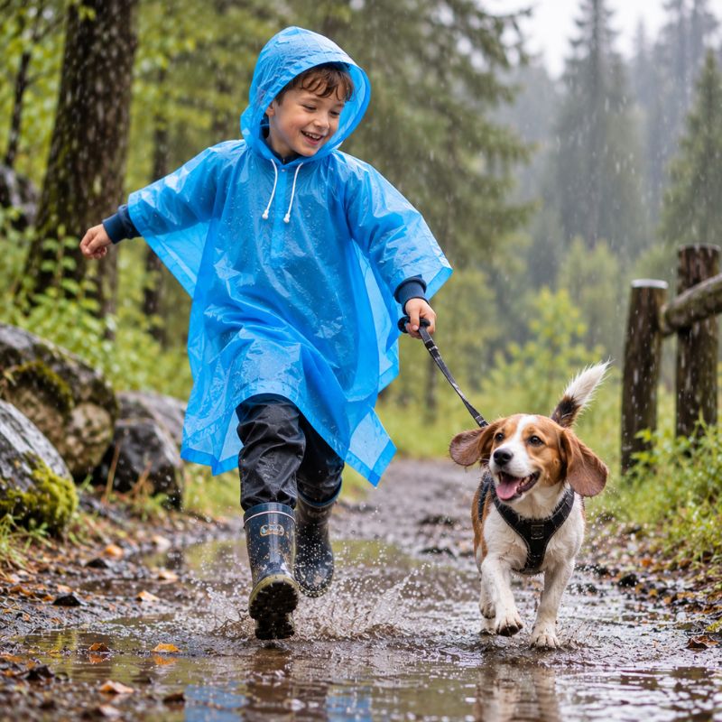 Poncho pluie MiniRain garçon promenant son chien joyeusement sous pluie