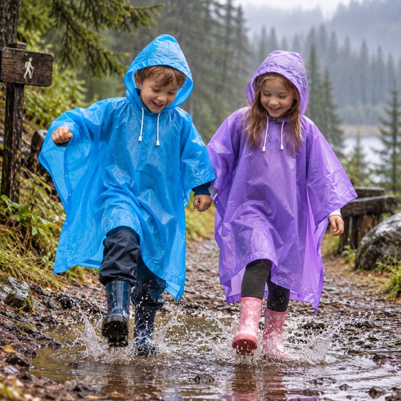 Poncho pluie MiniRain garçon fille marchant ensemble sous pluie forêt